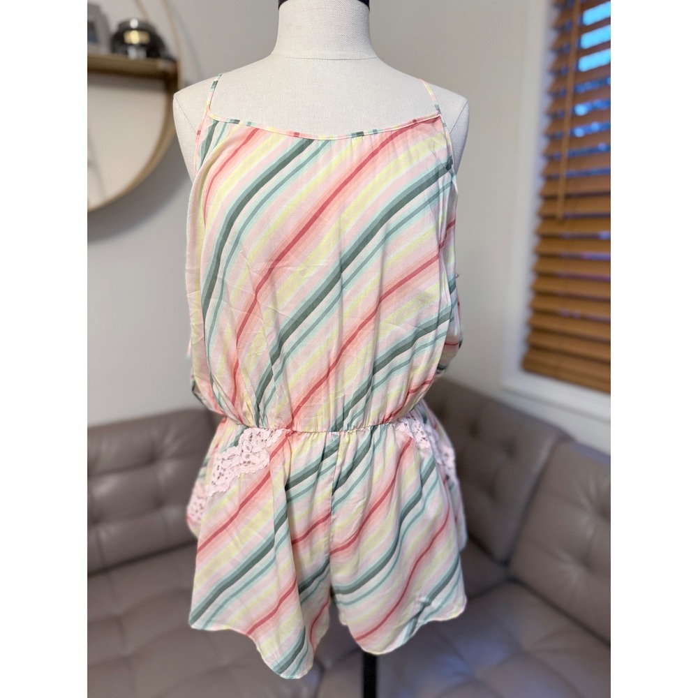 Victoria's Secret Pastel Striped Lace Trim Romper Sleepwear Large NWT